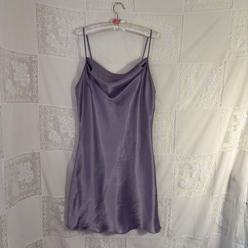 Lavender Purple Satin Cowl Neck Slinky Whimsy Mini Slip Dress Size M-L
